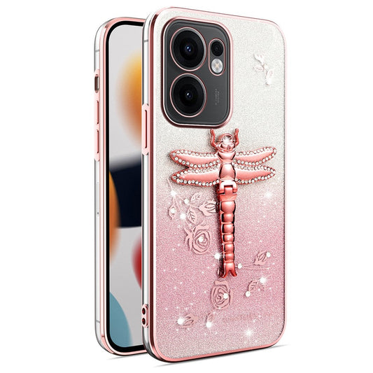 KADEM For Oppo Reno13 F 5G Case Dragonfly Kickstand TPU Flowers Glitter Phone Cover - Pink