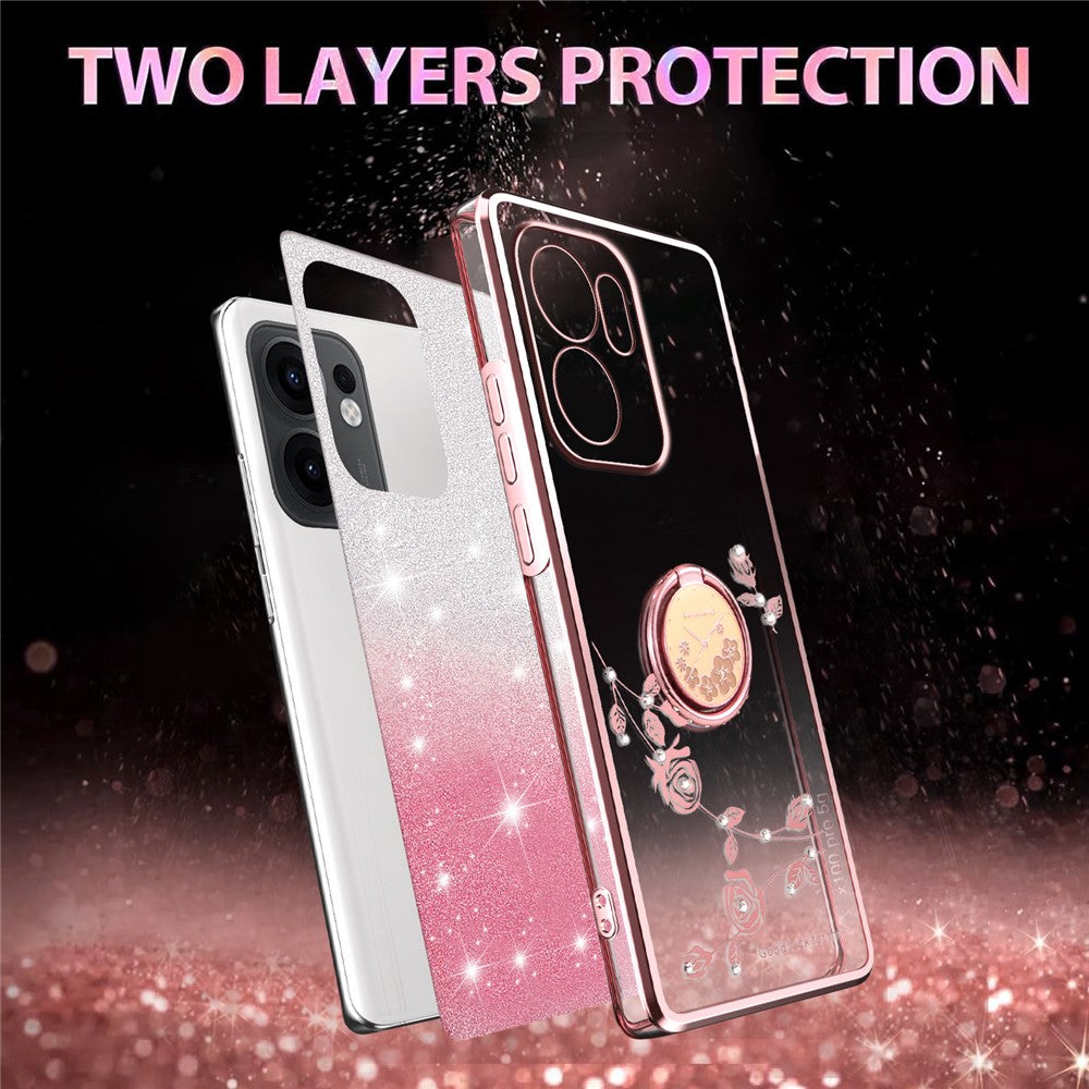 KADEM For Oppo Reno13 F 5G Case Ring Kickstand TPU Flowers Phone Cover Gradient Glitter - Pink