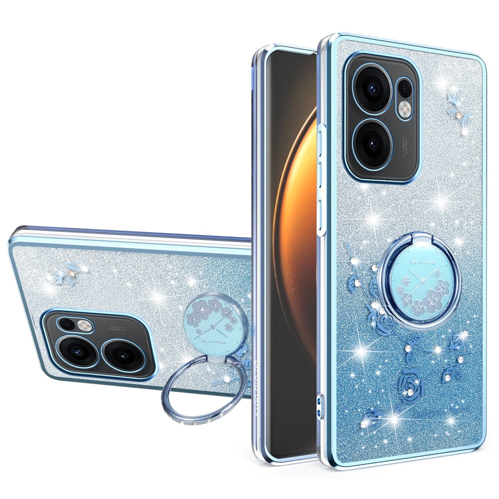KADEM For Oppo Reno13 F 5G Case Ring Kickstand TPU Flowers Phone Cover Gradient Glitter - Blue