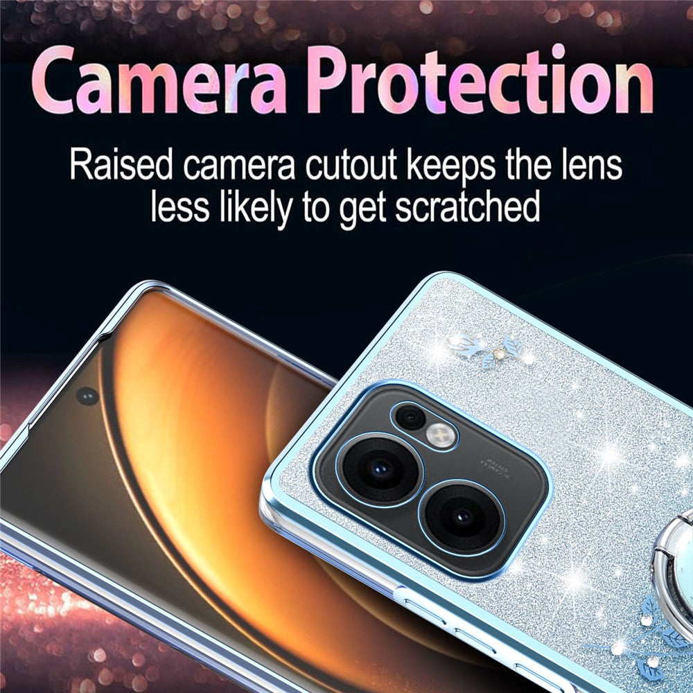 KADEM For Oppo Reno13 F 5G Case Ring Kickstand TPU Flowers Phone Cover Gradient Glitter - Blue