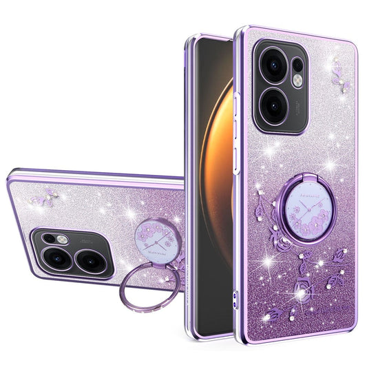 KADEM For Oppo Reno13 F 5G Case Ring Kickstand TPU Flowers Phone Cover Gradient Glitter - Purple