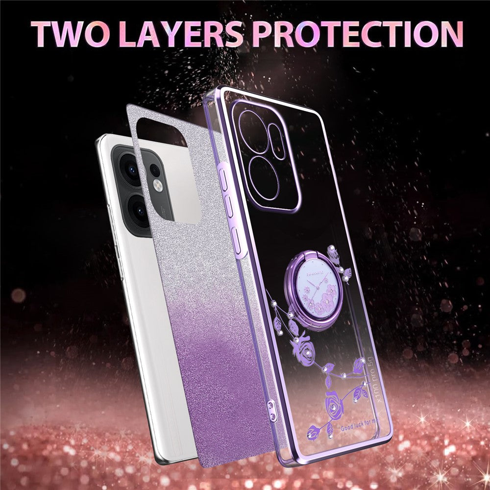 KADEM For Oppo Reno13 F 5G Case Ring Kickstand TPU Flowers Phone Cover Gradient Glitter - Purple