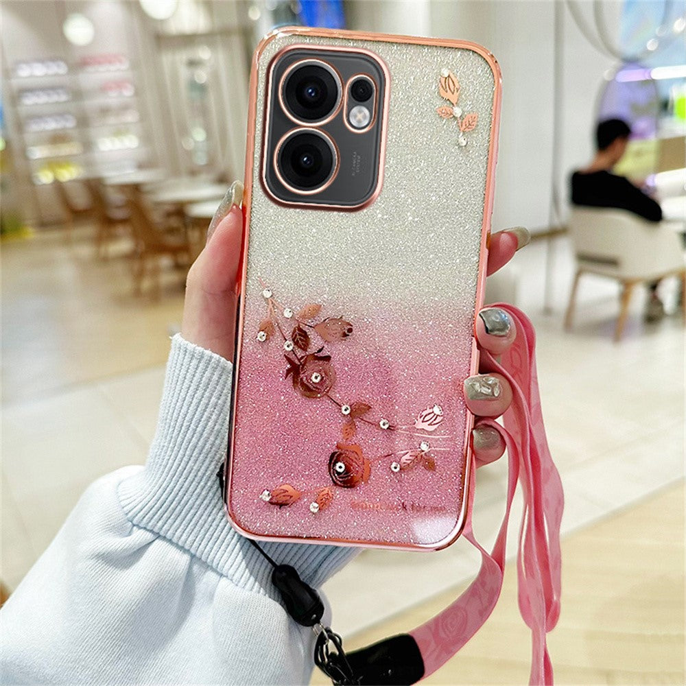KADEM For Oppo Reno13 F 5G Case Flower Pattern TPU Gradient Phone Cover with Lanyards - Rose Gold
