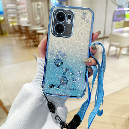 KADEM For Oppo Reno13 F 5G Case Flower Pattern TPU Gradient Phone Cover with Lanyards - Blue