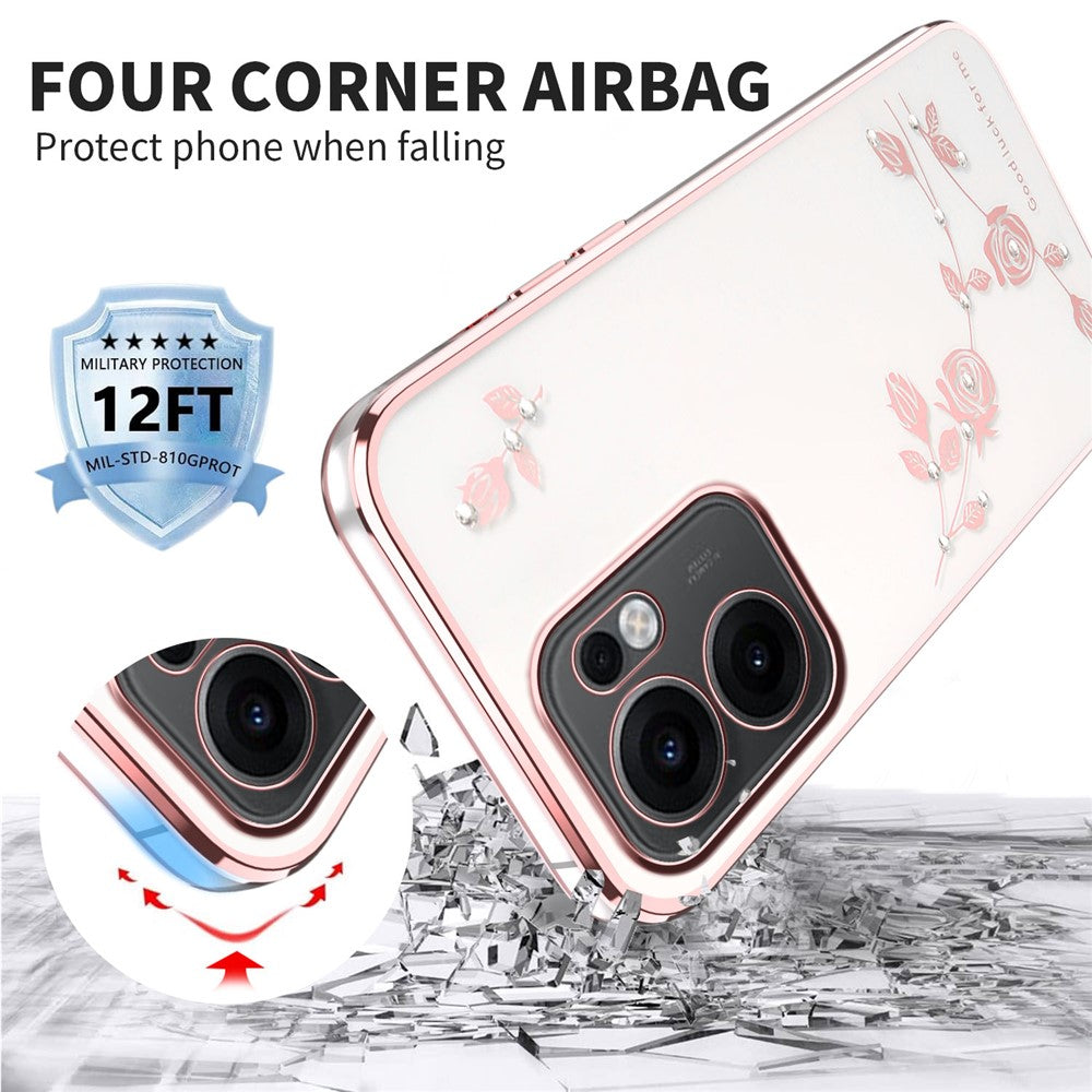 KADEM For Oppo Reno13 F 5G Case Flower Rhinestone Decor Electroplating TPU Phone Cover - Rose Gold