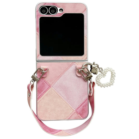 For Samsung Galaxy Z Flip7 FE 5G / Z Flip6 5G Case Retro Rhombus PU + PC Phone Cover with Love Pendant and Strap - Pink