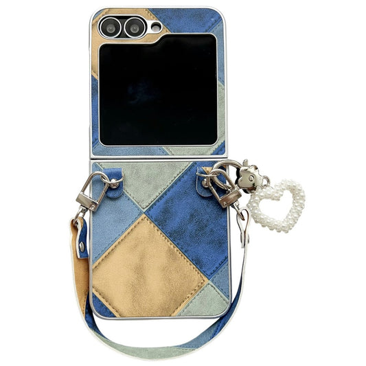 For Samsung Galaxy Z Flip7 FE 5G / Z Flip6 5G Case Retro Rhombus PU + PC Phone Cover with Love Pendant and Strap - Blue  /  Yellow