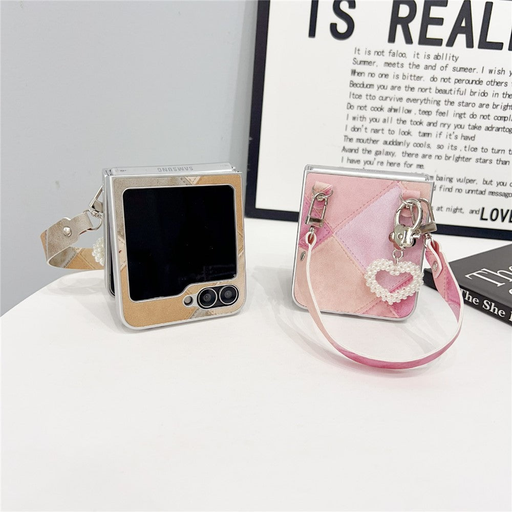 For Samsung Galaxy Z Flip7 FE 5G / Z Flip6 5G Case Retro Rhombus PU + PC Phone Cover with Love Pendant and Strap - Beige