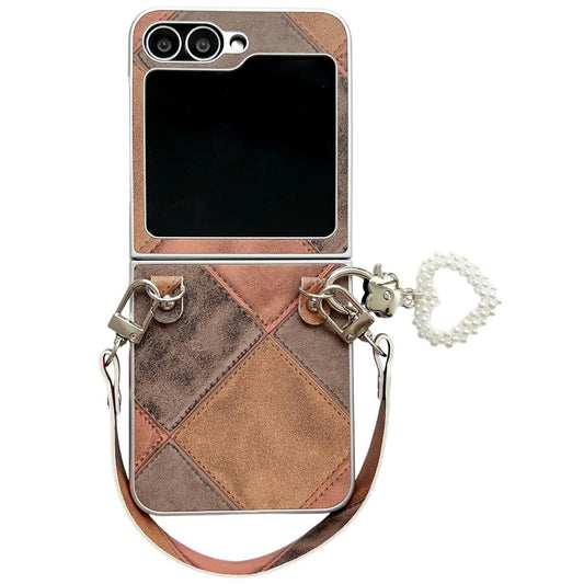 For Samsung Galaxy Z Flip7 FE 5G / Z Flip6 5G Case Retro Rhombus PU + PC Phone Cover with Love Pendant and Strap - Dark Brown