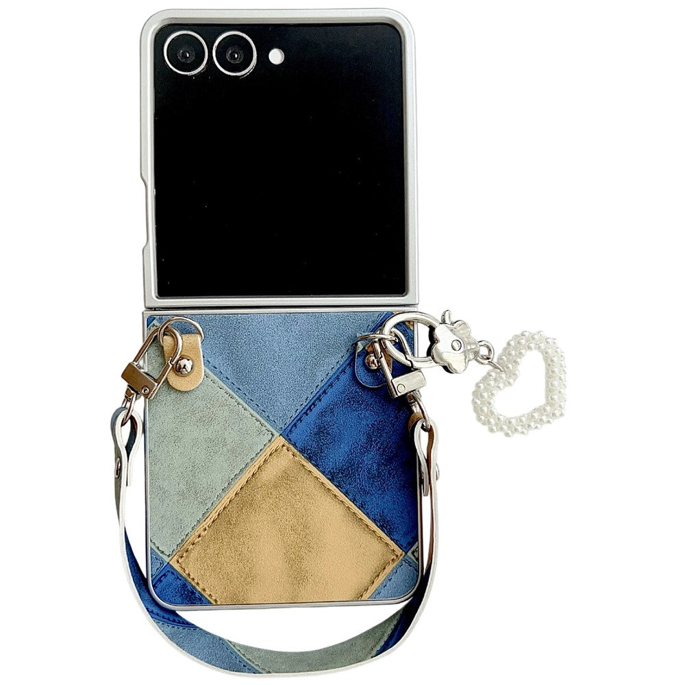For Samsung Galaxy Z Flip7 5G Case Retro Rhombus PU + PC Phone Cover with Love Pendant and Strap - Blue  /  Yellow