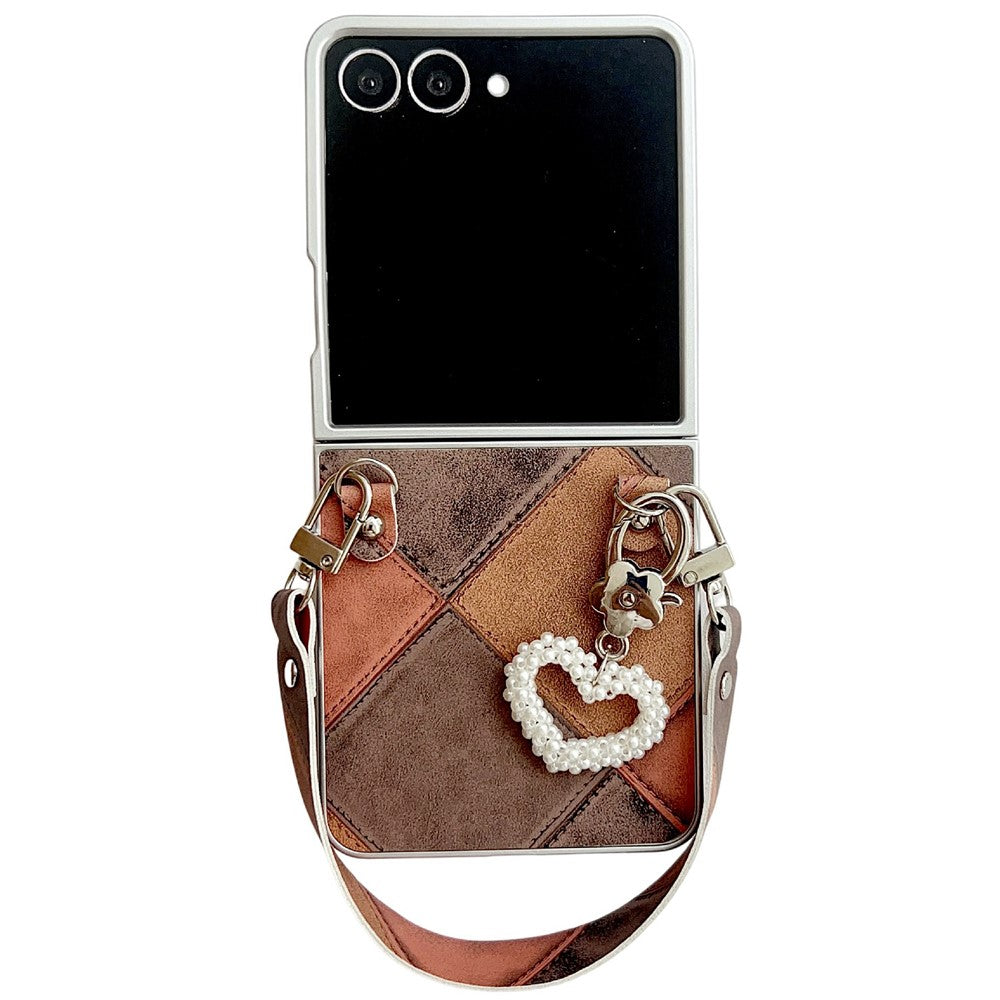 For Samsung Galaxy Z Flip7 5G Case Retro Rhombus PU + PC Phone Cover with Love Pendant and Strap - Dark Brown