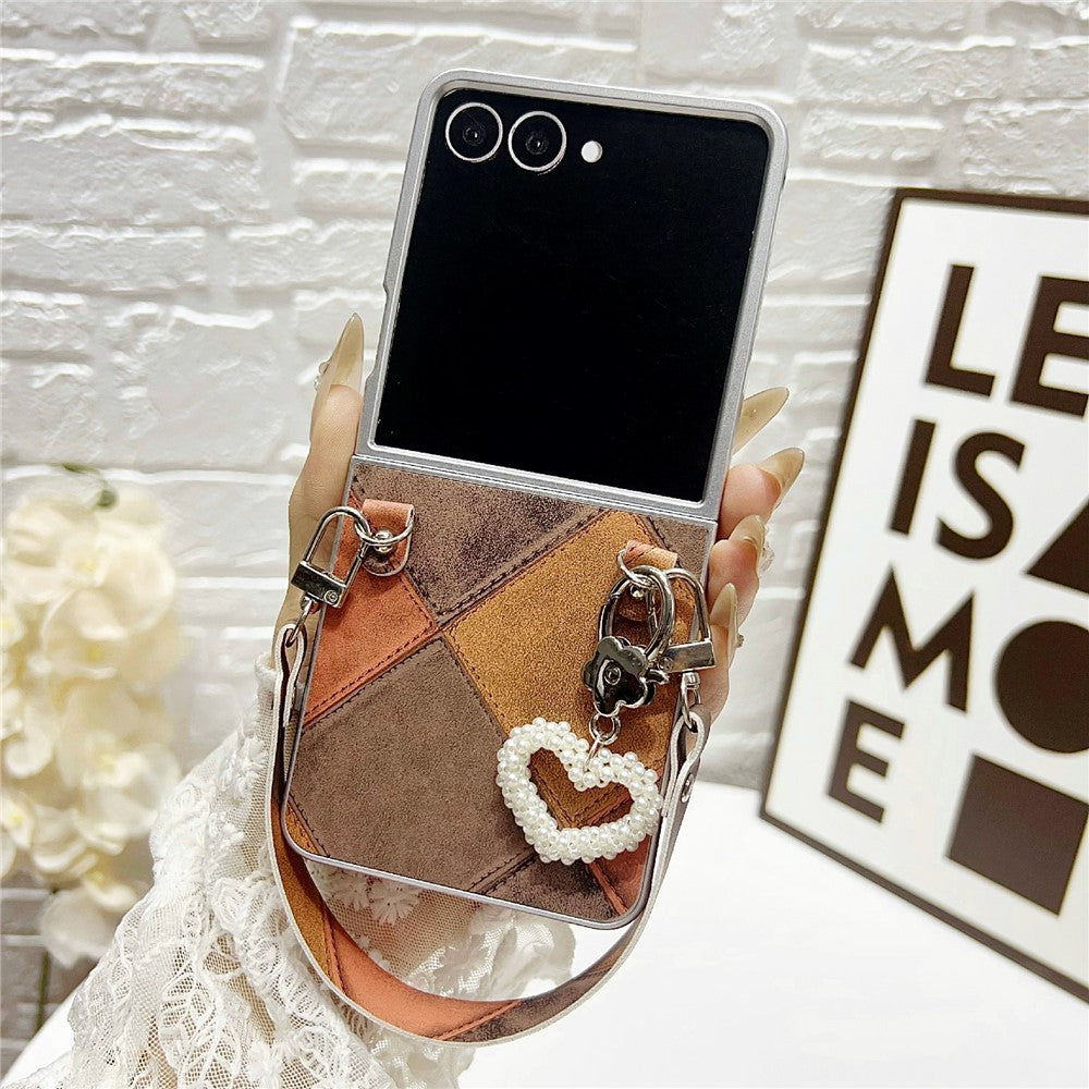 For Samsung Galaxy Z Flip7 5G Case Retro Rhombus PU + PC Phone Cover with Love Pendant and Strap - Dark Brown