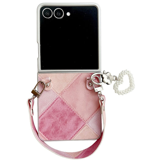 For Samsung Galaxy Z Flip7 5G Case Retro Rhombus PU + PC Phone Cover with Love Pendant and Strap - Pink