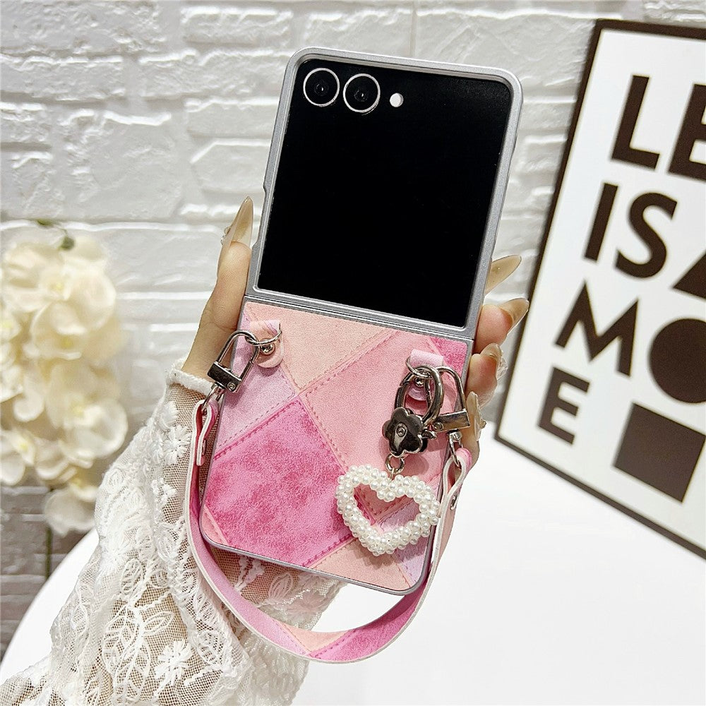 For Samsung Galaxy Z Flip7 5G Case Retro Rhombus PU + PC Phone Cover with Love Pendant and Strap - Pink