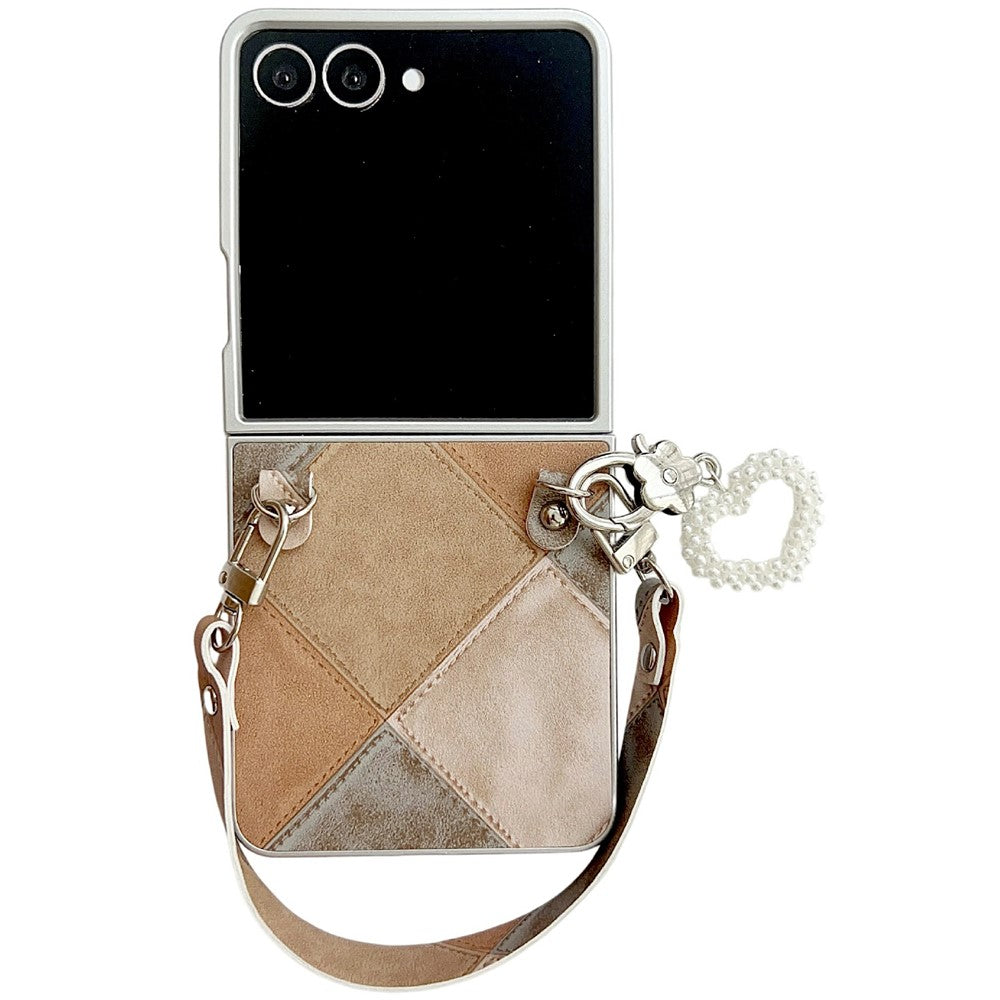 For Samsung Galaxy Z Flip7 5G Case Retro Rhombus PU + PC Phone Cover with Love Pendant and Strap - Khaki