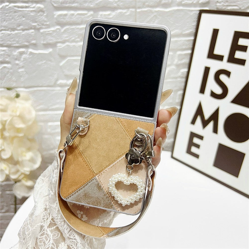 For Samsung Galaxy Z Flip7 5G Case Retro Rhombus PU + PC Phone Cover with Love Pendant and Strap - Khaki