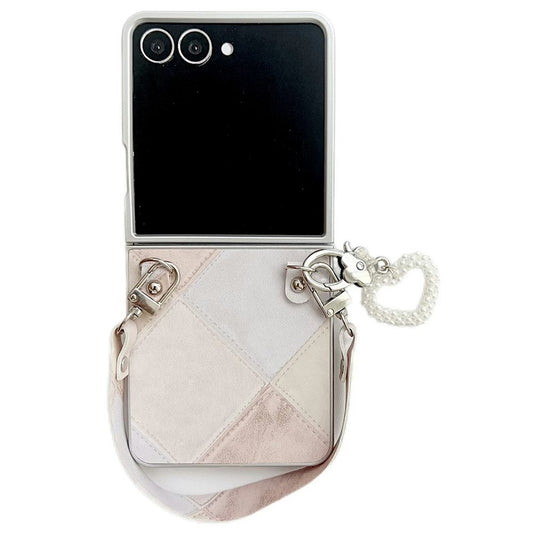 For Samsung Galaxy Z Flip7 5G Case Retro Rhombus PU + PC Phone Cover with Love Pendant and Strap - Beige