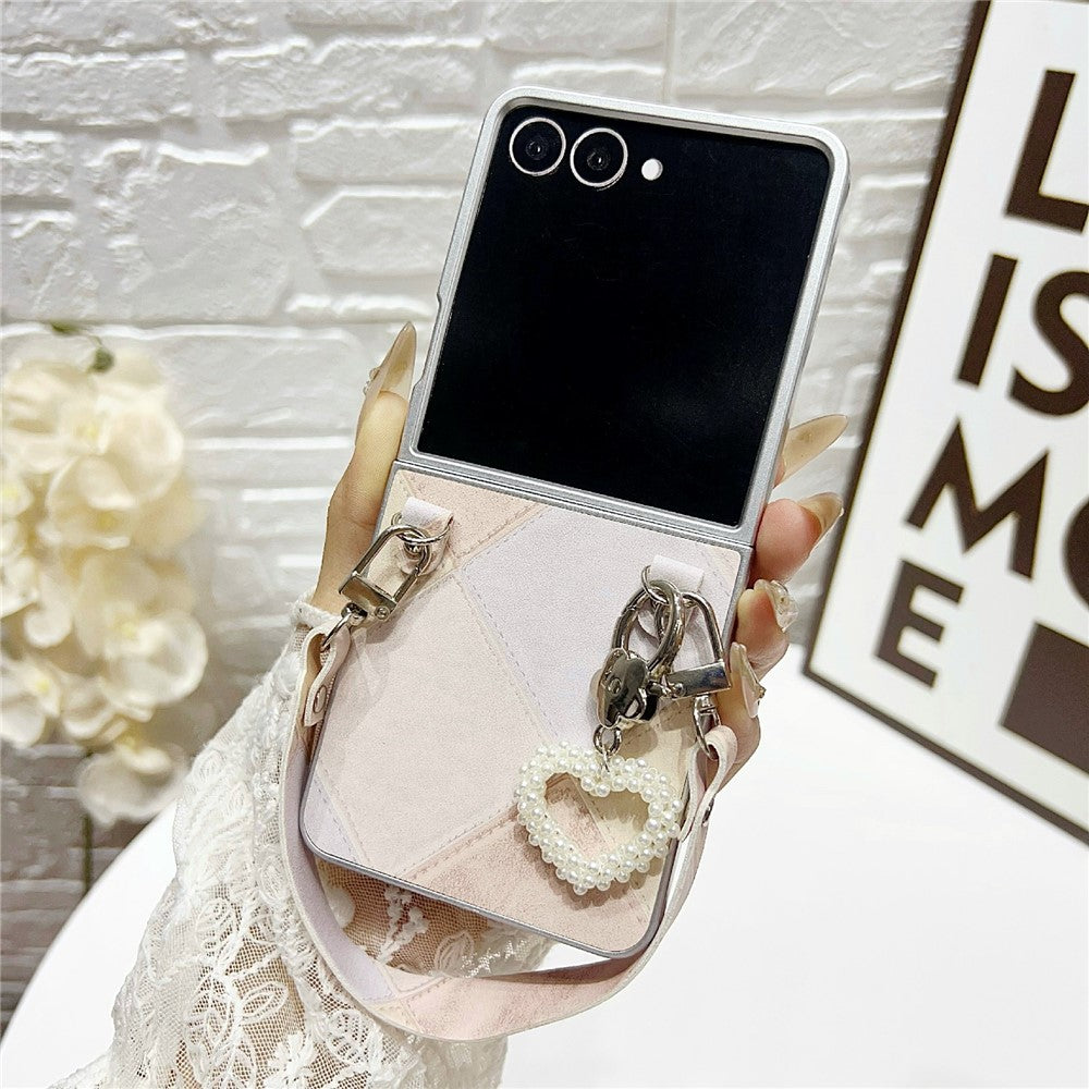 For Samsung Galaxy Z Flip7 5G Case Retro Rhombus PU + PC Phone Cover with Love Pendant and Strap - Beige