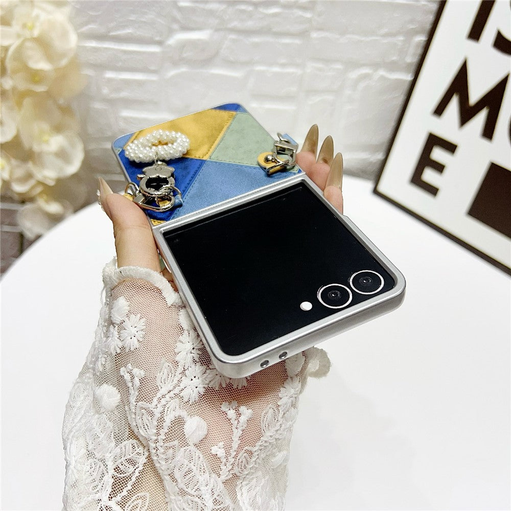 For Samsung Galaxy Z Flip7 5G Case Retro Rhombus PU + PC Phone Cover with Love Pendant and Strap - Beige