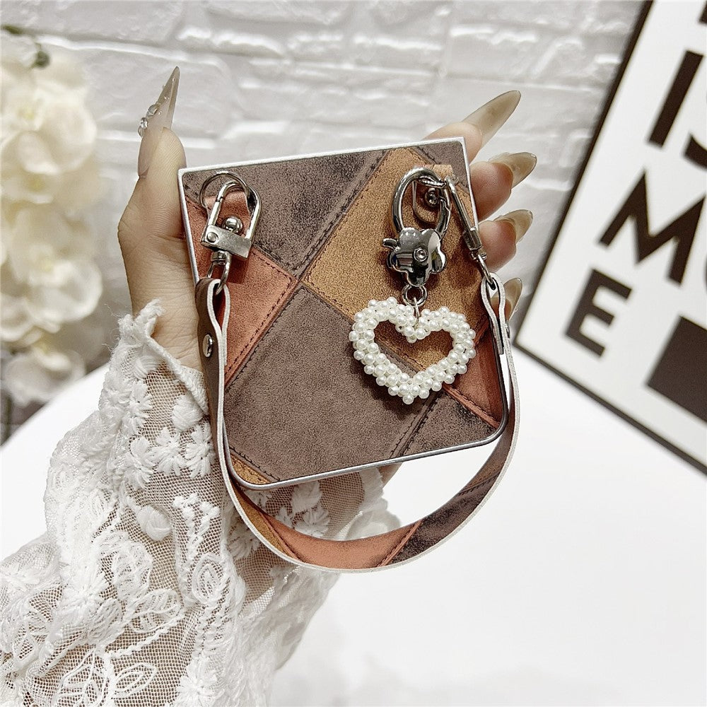 For Samsung Galaxy Z Flip7 5G Case Retro Rhombus PU + PC Phone Cover with Love Pendant and Strap - Beige