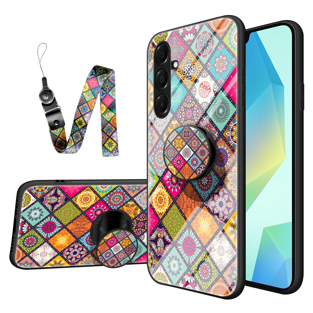 For Samsung Galaxy A17 5G Case Kickstand Ethnic Pattern Tempered Glass Phone Cover with Strap - Color Pattern