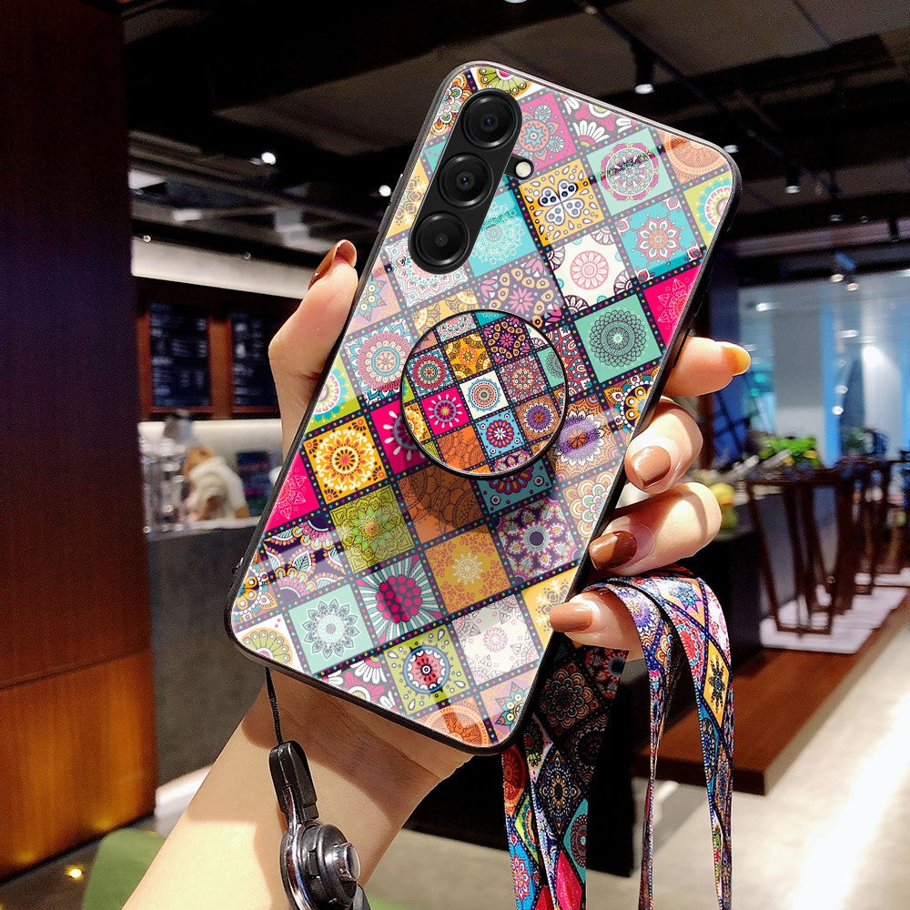 For Samsung Galaxy A17 5G Case Kickstand Ethnic Pattern Tempered Glass Phone Cover with Strap - Color Pattern