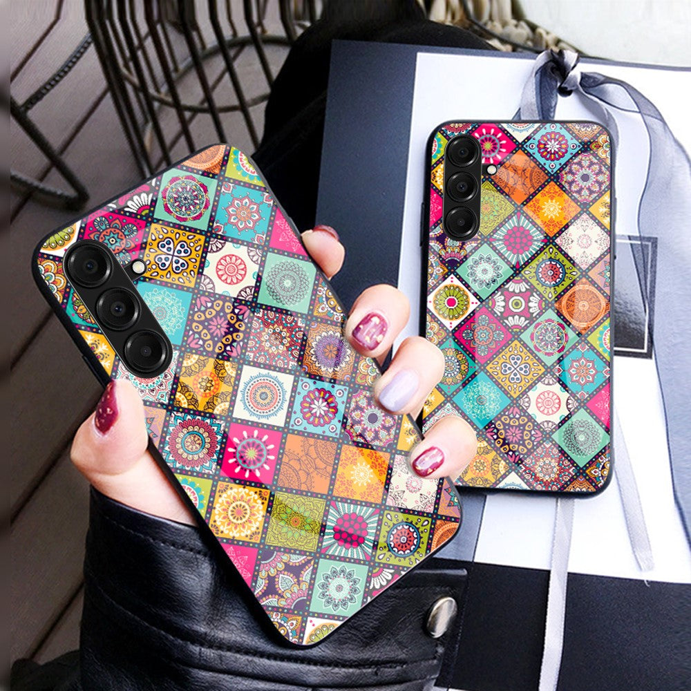 For Samsung Galaxy A17 5G Case Kickstand Ethnic Pattern Tempered Glass Phone Cover with Strap - Color Pattern
