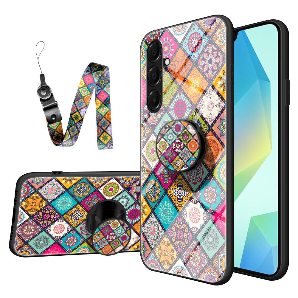 For Samsung Galaxy A17 5G Case Kickstand Ethnic Pattern Tempered Glass Phone Cover with Strap - Checkered Pattern