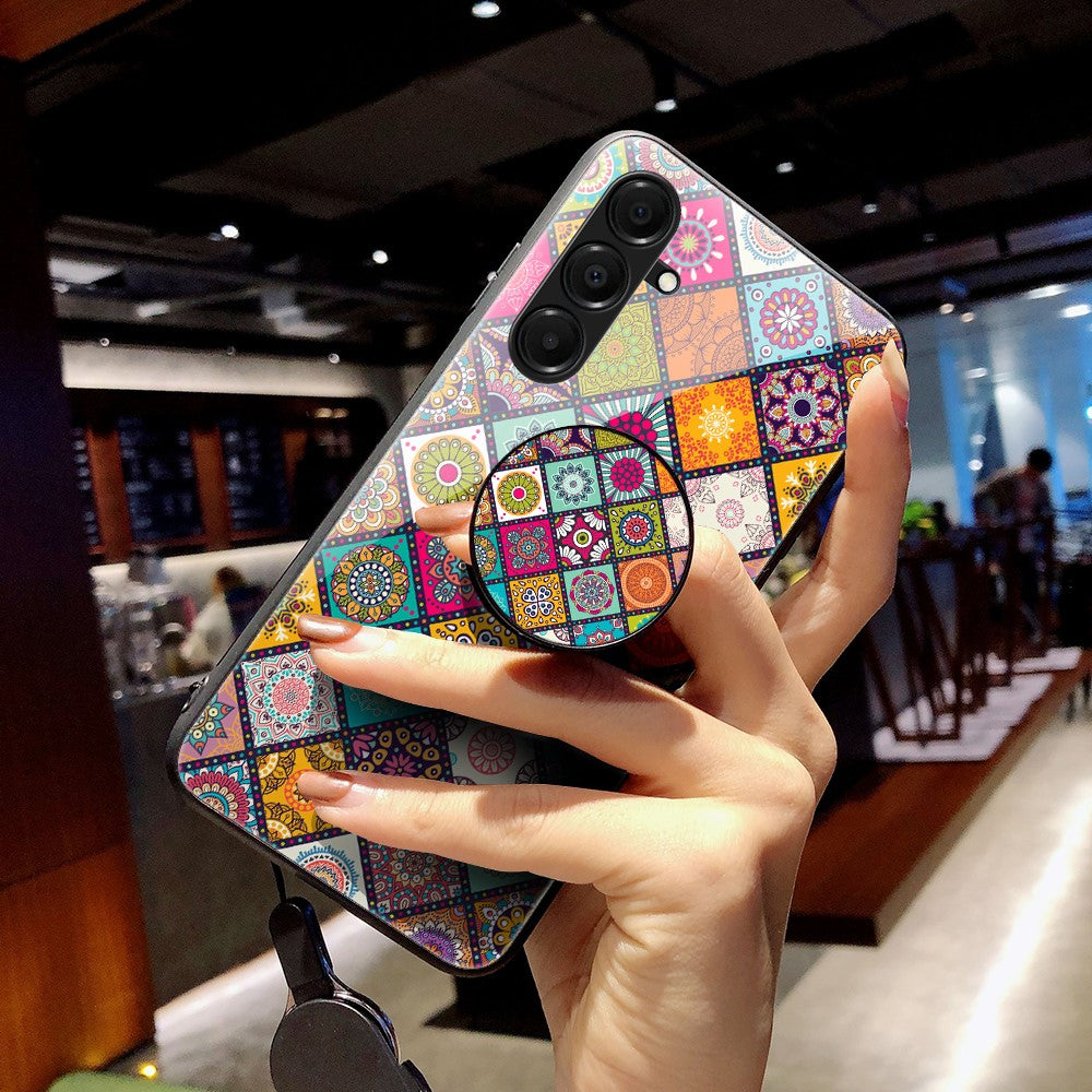 For Samsung Galaxy A17 5G Case Kickstand Ethnic Pattern Tempered Glass Phone Cover with Strap - Checkered Pattern