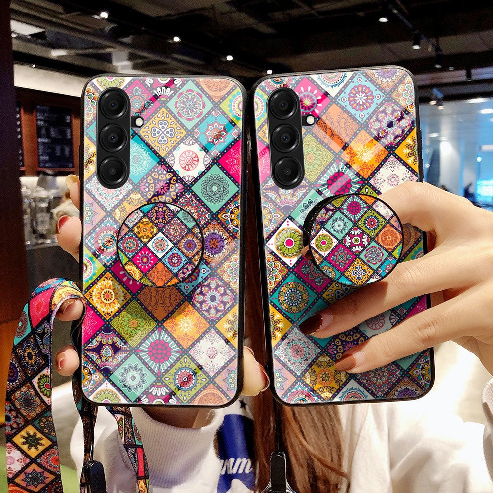 For Samsung Galaxy A17 5G Case Kickstand Ethnic Pattern Tempered Glass Phone Cover with Strap - Checkered Pattern