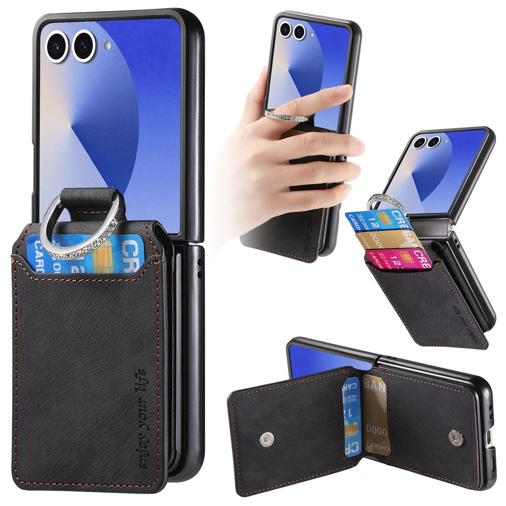 For Samsung Galaxy Z Flip7 5G Case Card Holder Kickstand Retro Texture Leather Back Cover - Black
