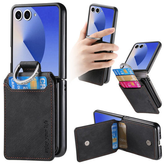 For Samsung Galaxy Z Flip7 5G Case Card Holder Kickstand Retro Texture Leather Back Cover - Black