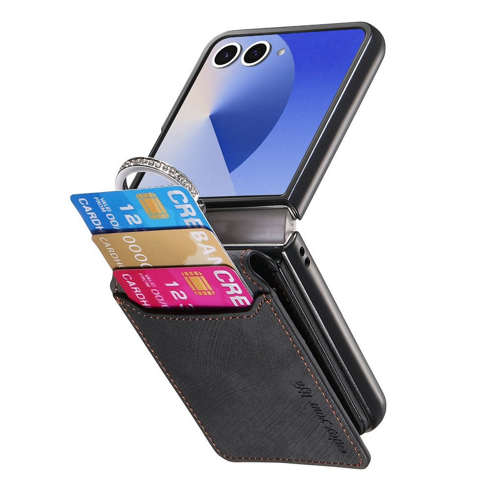 For Samsung Galaxy Z Flip7 5G Case Card Holder Kickstand Retro Texture Leather Back Cover - Black