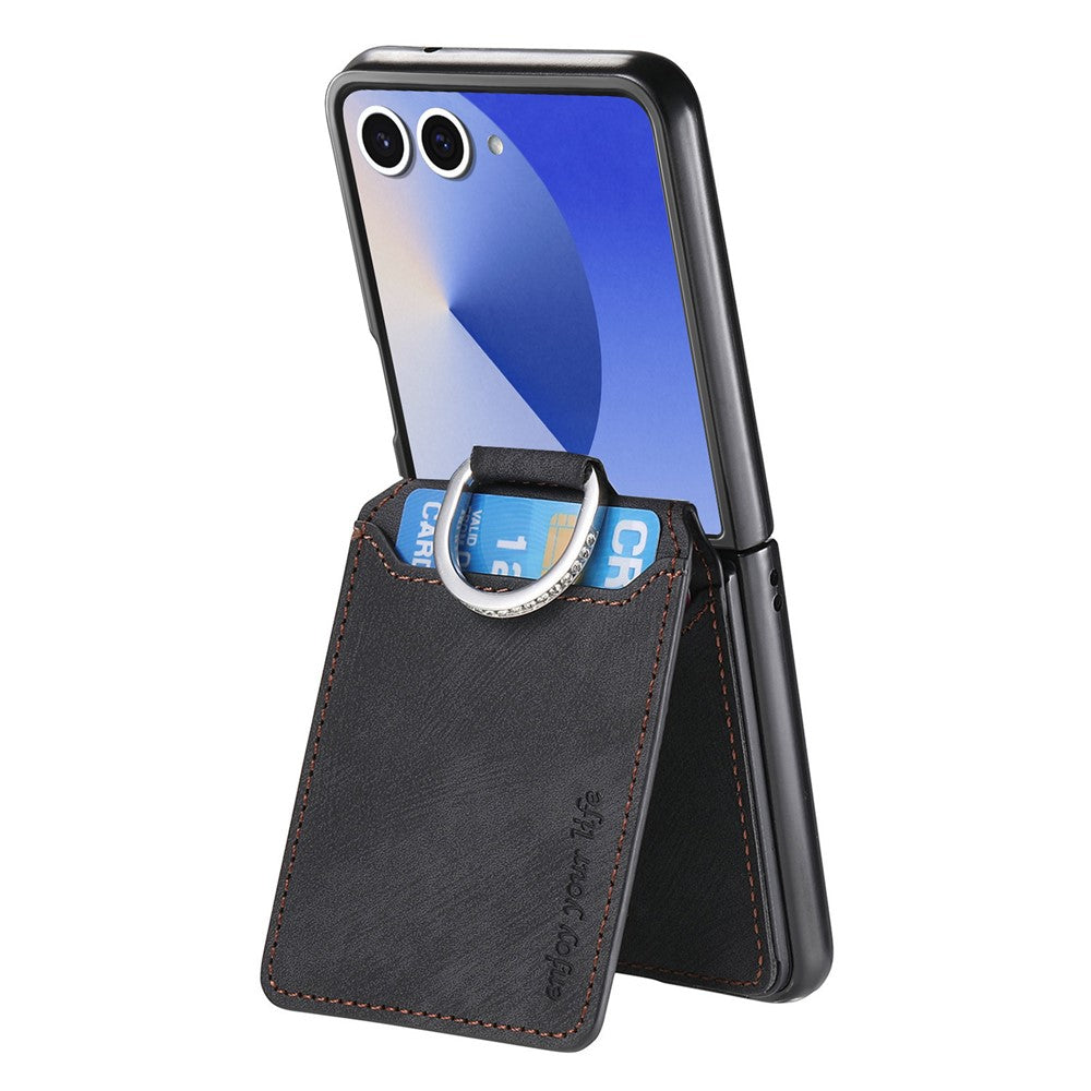 For Samsung Galaxy Z Flip7 5G Case Card Holder Kickstand Retro Texture Leather Back Cover - Black