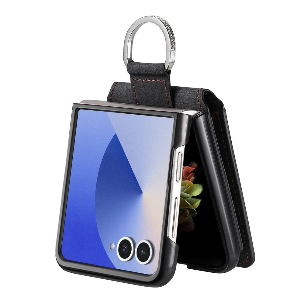 For Samsung Galaxy Z Flip7 5G Case Card Holder Kickstand Retro Texture Leather Back Cover - Black