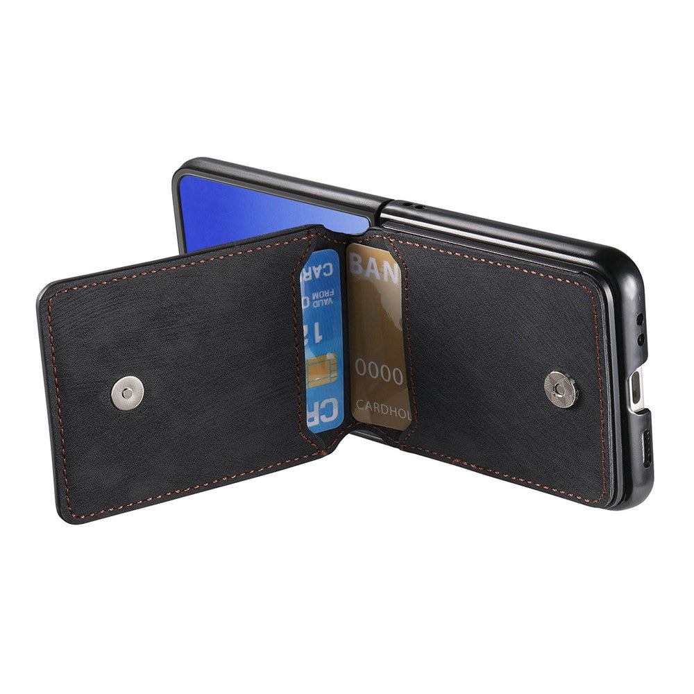 For Samsung Galaxy Z Flip7 5G Case Card Holder Kickstand Retro Texture Leather Back Cover - Black