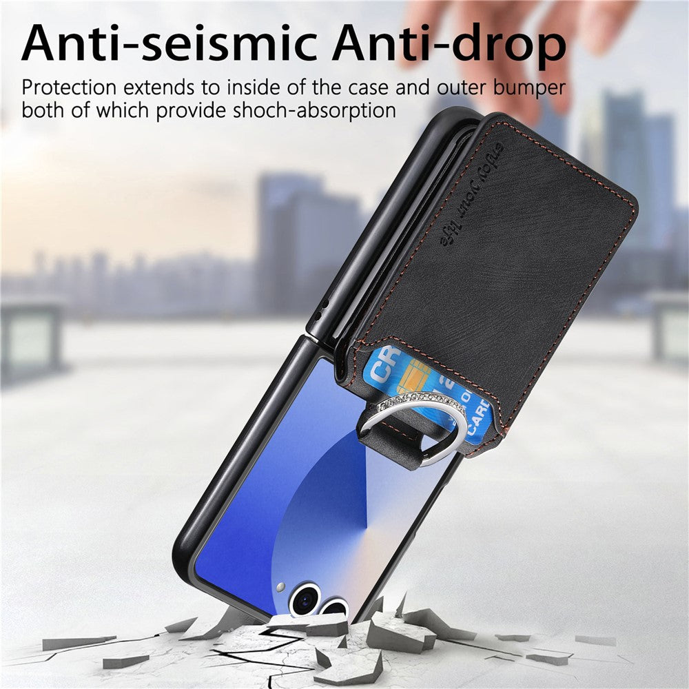 For Samsung Galaxy Z Flip7 5G Case Card Holder Kickstand Retro Texture Leather Back Cover - Black
