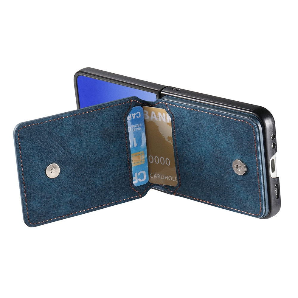 For Samsung Galaxy Z Flip7 5G Case Card Holder Kickstand Retro Texture Leather Back Cover - Blue
