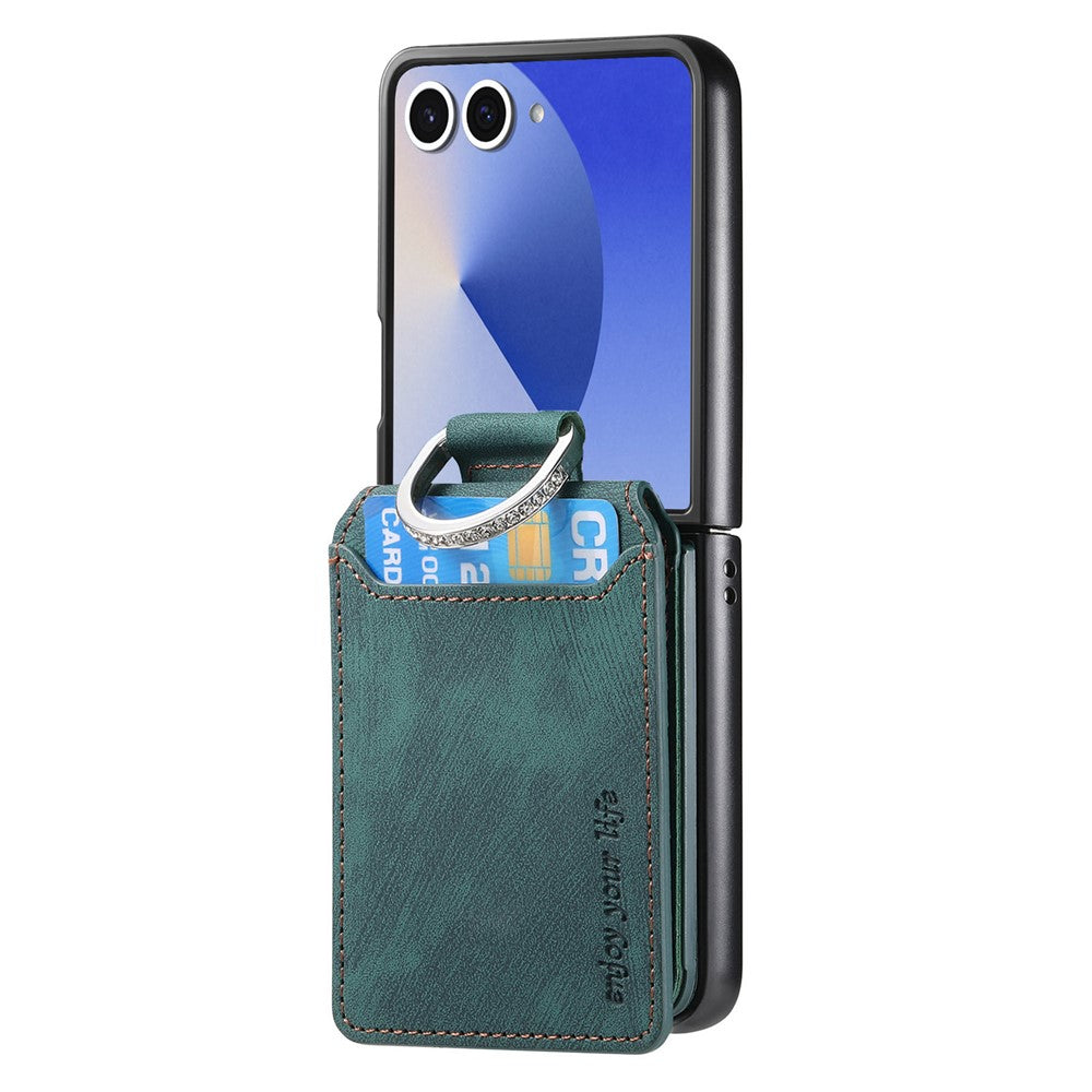 For Samsung Galaxy Z Flip7 5G Case Card Holder Kickstand Retro Texture Leather Back Cover - Green