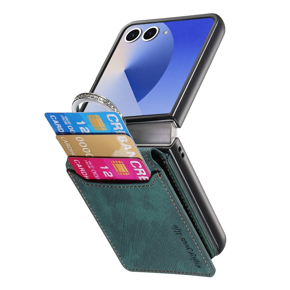 For Samsung Galaxy Z Flip7 5G Case Card Holder Kickstand Retro Texture Leather Back Cover - Green
