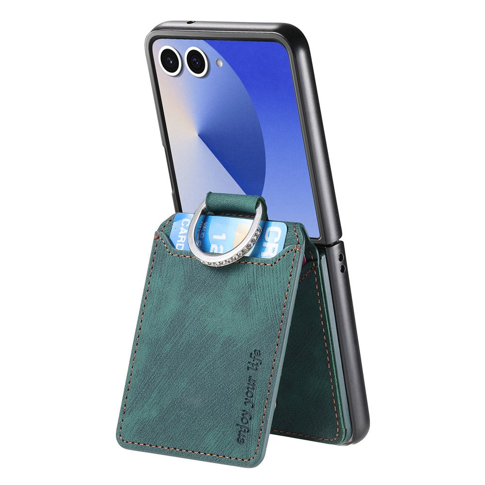 For Samsung Galaxy Z Flip7 5G Case Card Holder Kickstand Retro Texture Leather Back Cover - Green