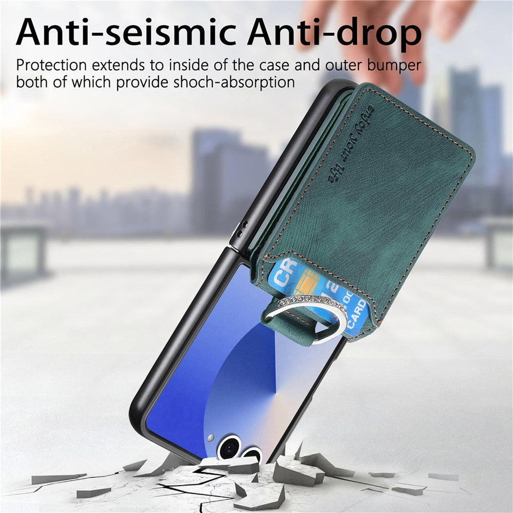 For Samsung Galaxy Z Flip7 5G Case Card Holder Kickstand Retro Texture Leather Back Cover - Green