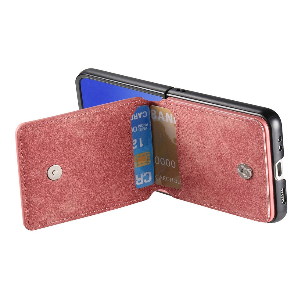 For Samsung Galaxy Z Flip7 5G Case Card Holder Kickstand Retro Texture Leather Back Cover - Pink