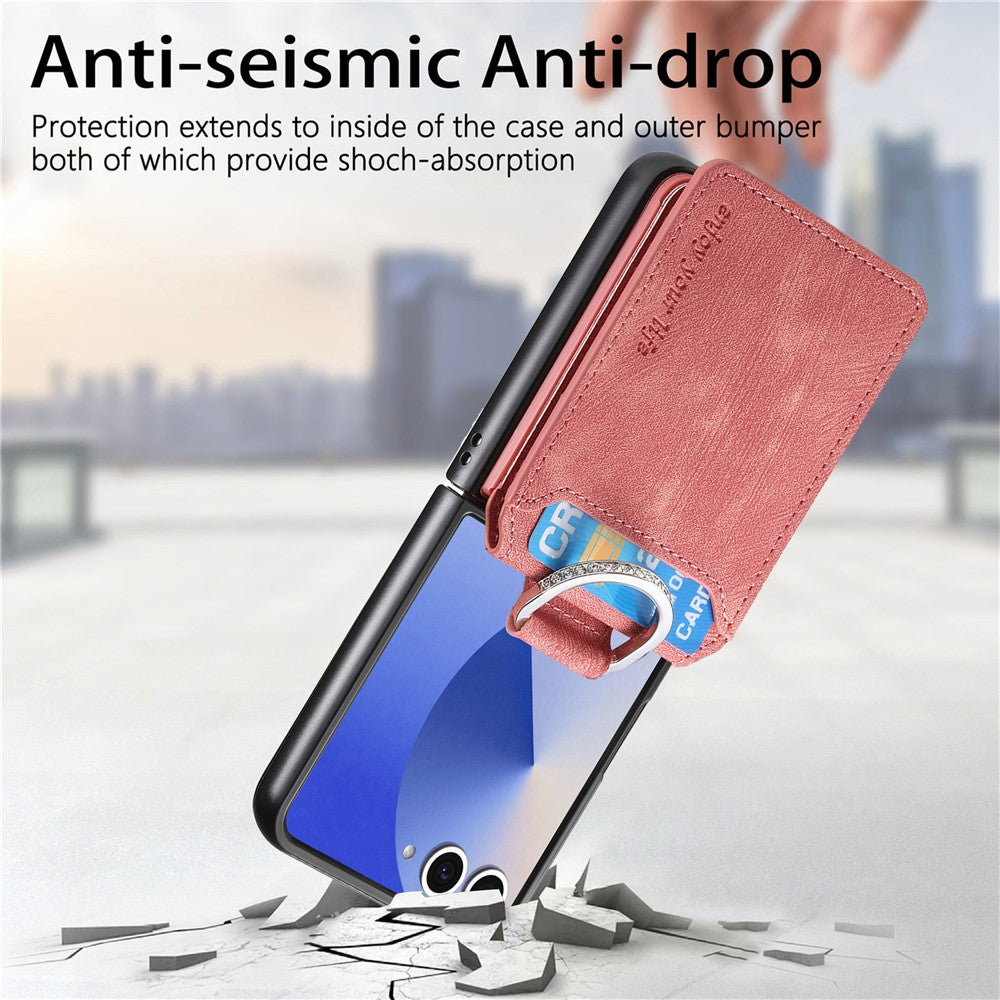 For Samsung Galaxy Z Flip7 5G Case Card Holder Kickstand Retro Texture Leather Back Cover - Pink