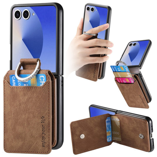 For Samsung Galaxy Z Flip7 5G Case Card Holder Kickstand Retro Texture Leather Back Cover - Brown