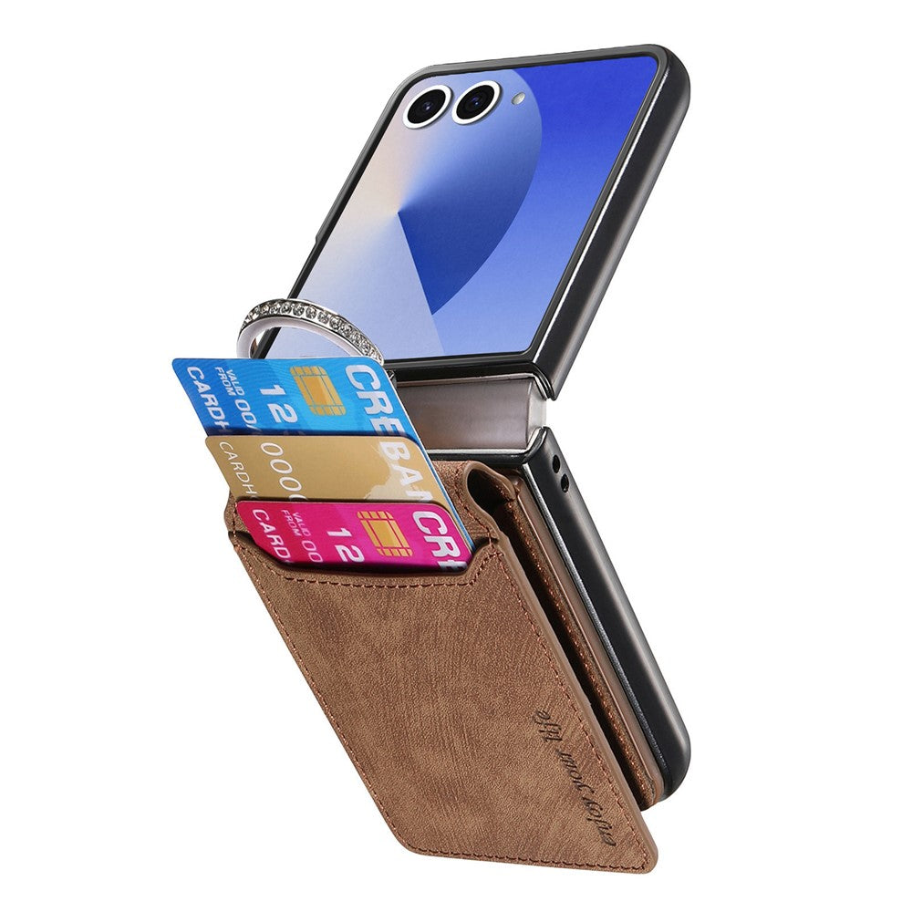 For Samsung Galaxy Z Flip7 5G Case Card Holder Kickstand Retro Texture Leather Back Cover - Brown