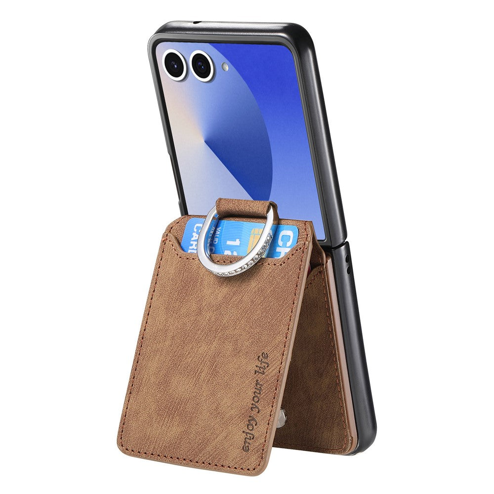For Samsung Galaxy Z Flip7 5G Case Card Holder Kickstand Retro Texture Leather Back Cover - Brown