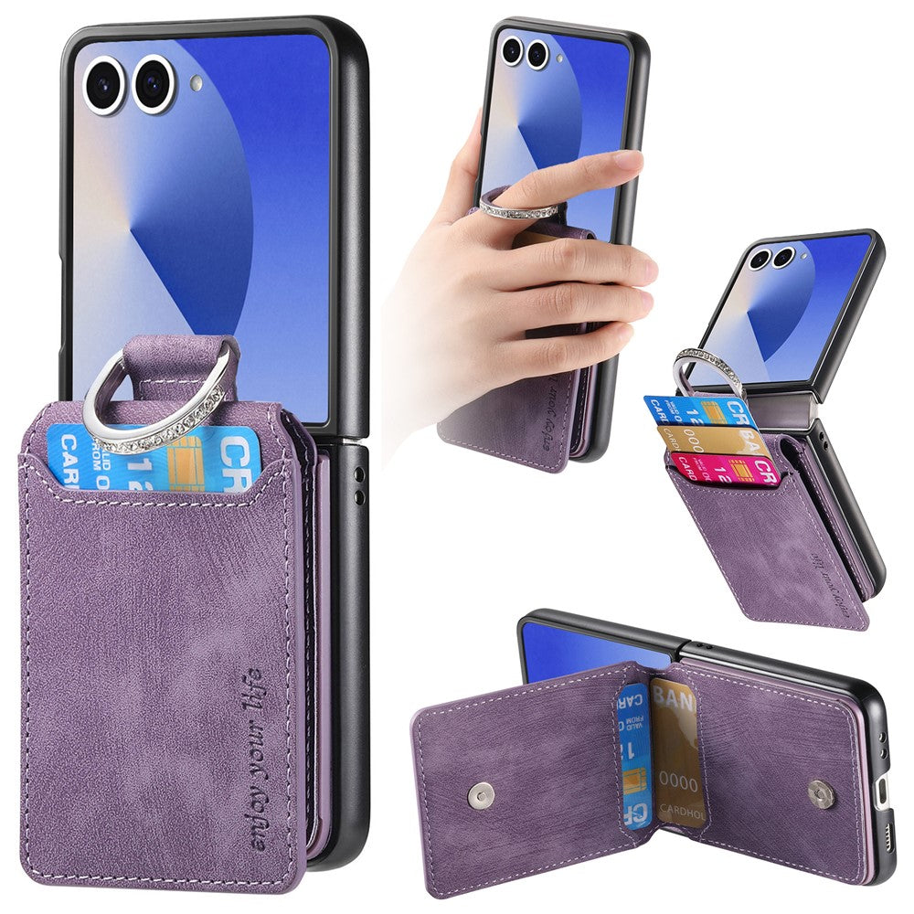 For Samsung Galaxy Z Flip7 5G Case Card Holder Kickstand Retro Texture Leather Back Cover - Purple