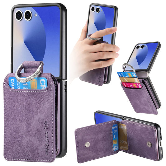 For Samsung Galaxy Z Flip7 5G Case Card Holder Kickstand Retro Texture Leather Back Cover - Purple