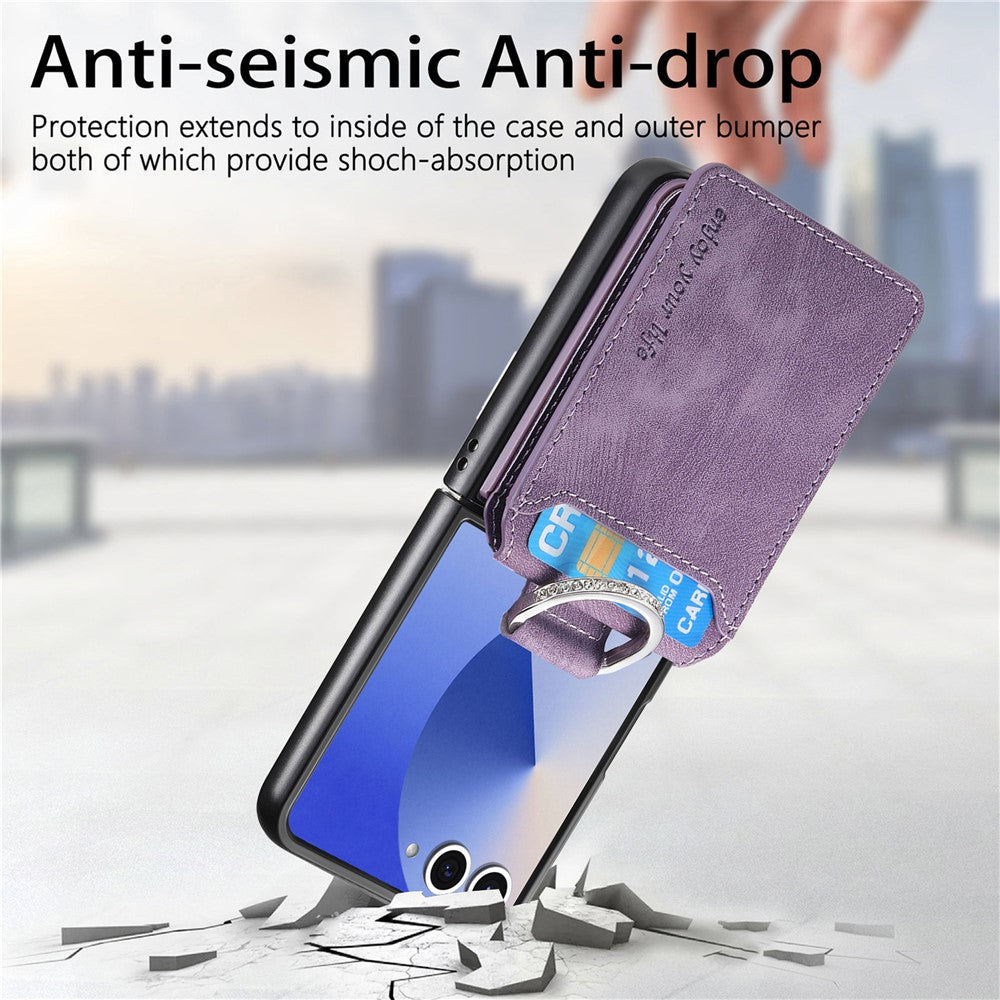For Samsung Galaxy Z Flip7 5G Case Card Holder Kickstand Retro Texture Leather Back Cover - Purple